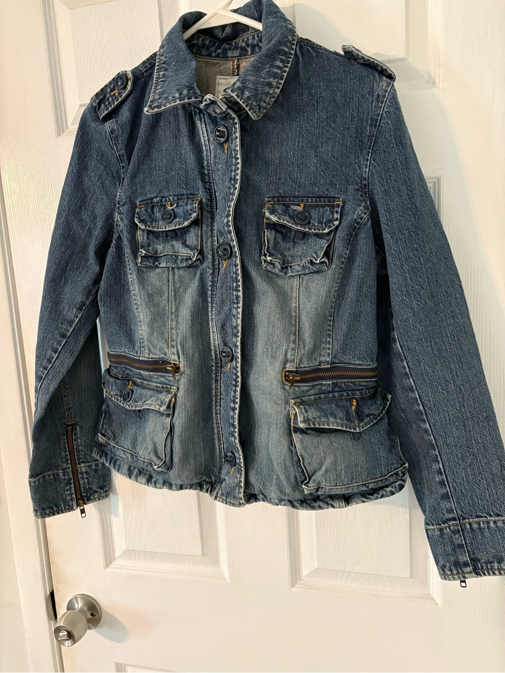 Old Navy Denim Utility Jacket Cargo Pocket Zip Front Blue Large - Picture 9 of 12